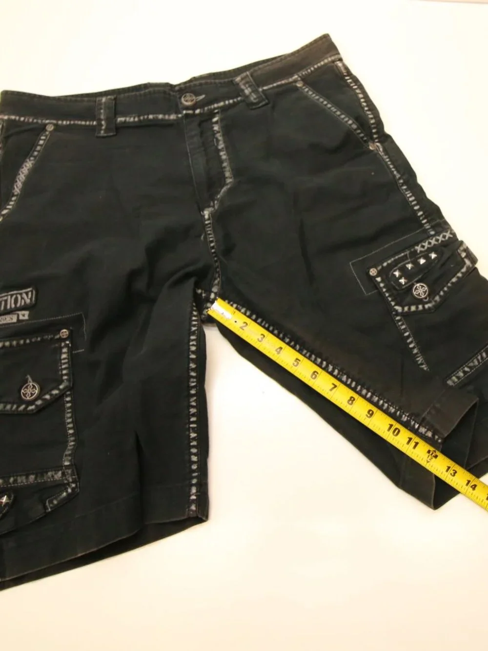 Affliction Faded Black Cargo Studded Shorts Mens 36 Heavy Canvas Y2K READ FADES